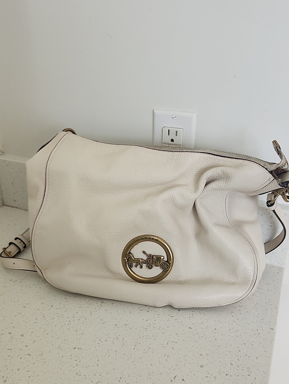 Coach Chalk Pebbled Leather Shoulder Bag with Brass Coach Emblem